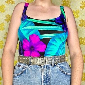 Vintage 90s purple, blue & teal Hawaiian tropical plants one piece swimsuit 🌺